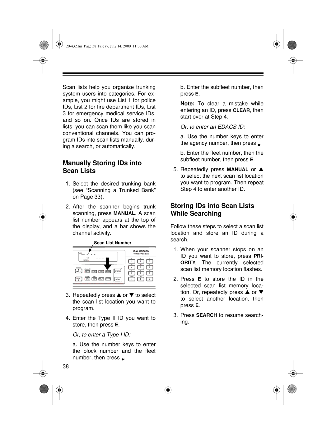 Radio Shack PRO-2052 owner manual Manually Storing IDs into Scan Lists, Storing IDs into Scan Lists While Searching 