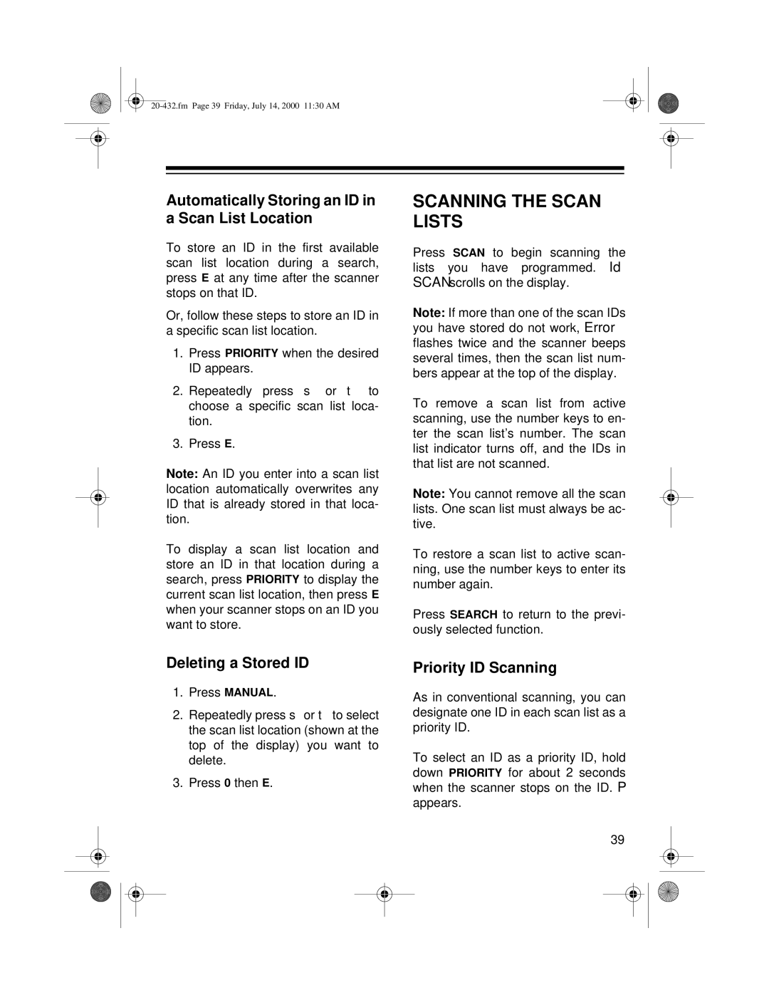 Radio Shack PRO-2052 Scanning the Scan Lists, Automatically Storing an ID in a Scan List Location, Deleting a Stored ID 