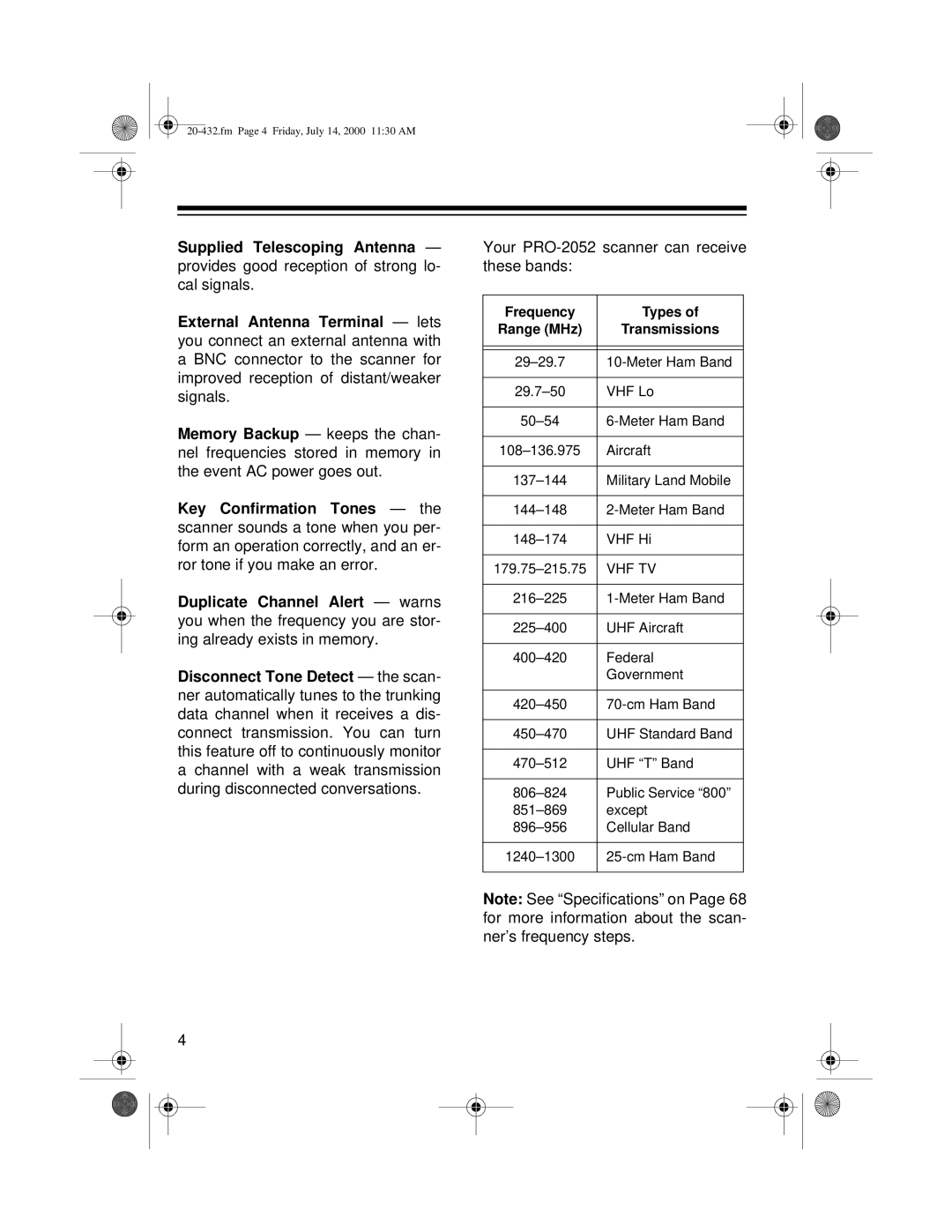 Radio Shack owner manual Your PRO-2052 scanner can receive these bands, Frequency Types Range MHz Transmissions 