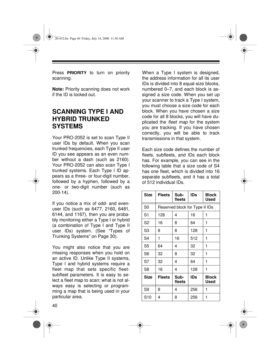 Radio Shack PRO-2052 owner manual Scanning Type I and Hybrid Trunked Systems, Size Fleets Sub IDs Block Used 