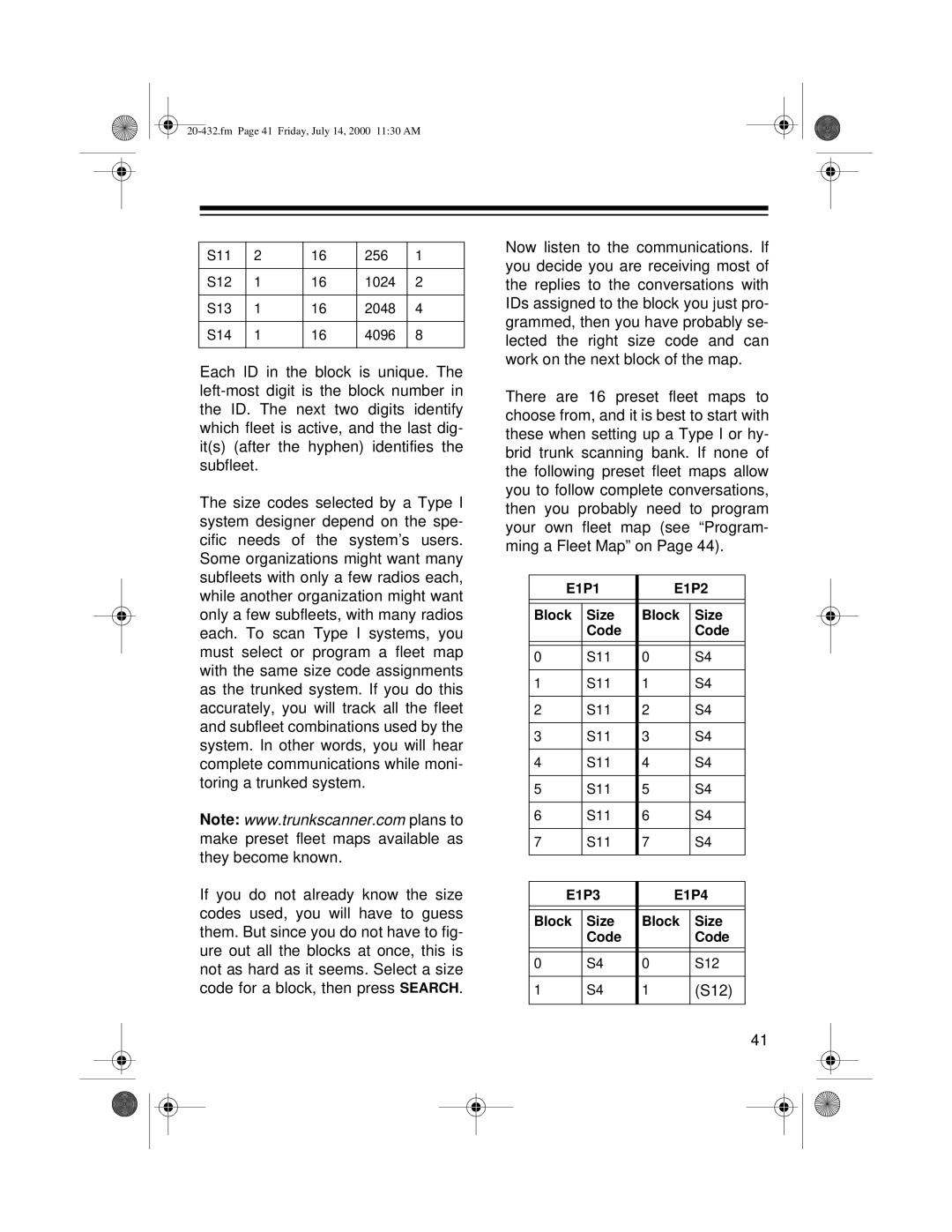 Radio Shack PRO-2052 owner manual E1P1 E1P2 Block Size Code, E1P3 E1P4 Block Size Code S12 