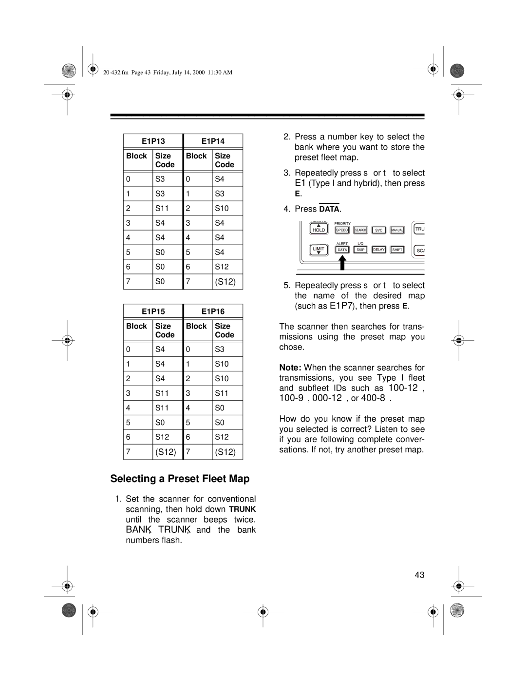 Radio Shack PRO-2052 owner manual Selecting a Preset Fleet Map, E1P13 E1P14 Block Size Code, E1P15 E1P16 Block Size Code 