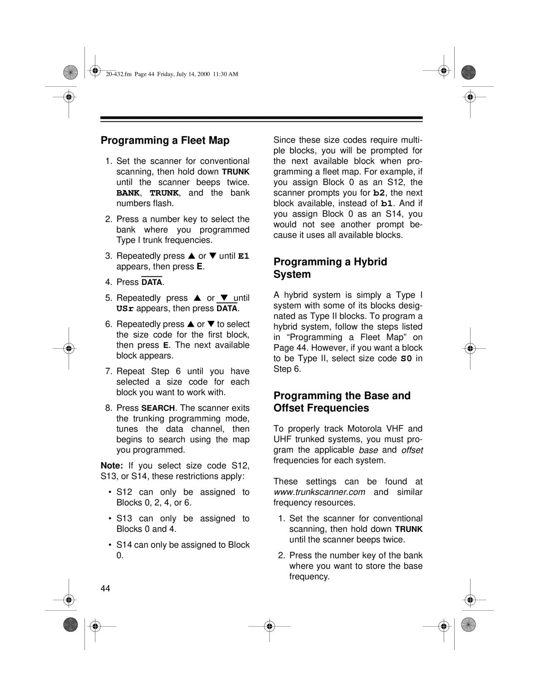 Radio Shack PRO-2052 Programming a Fleet Map, Programming a Hybrid System, Programming the Base and Offset Frequencies 