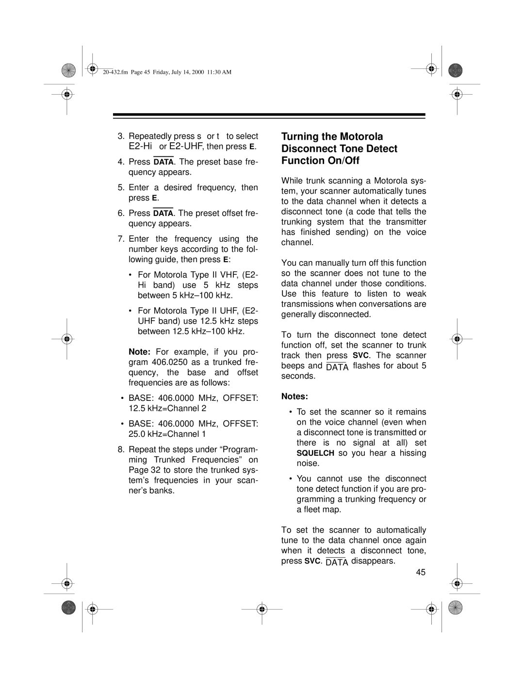 Radio Shack PRO-2052 owner manual Turning the Motorola Disconnect Tone Detect Function On/Off 