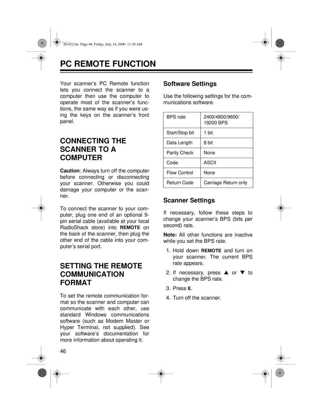 Radio Shack PRO-2052 owner manual PC Remote Function, Connecting Scanner to a Computer, Software Settings, Scanner Settings 