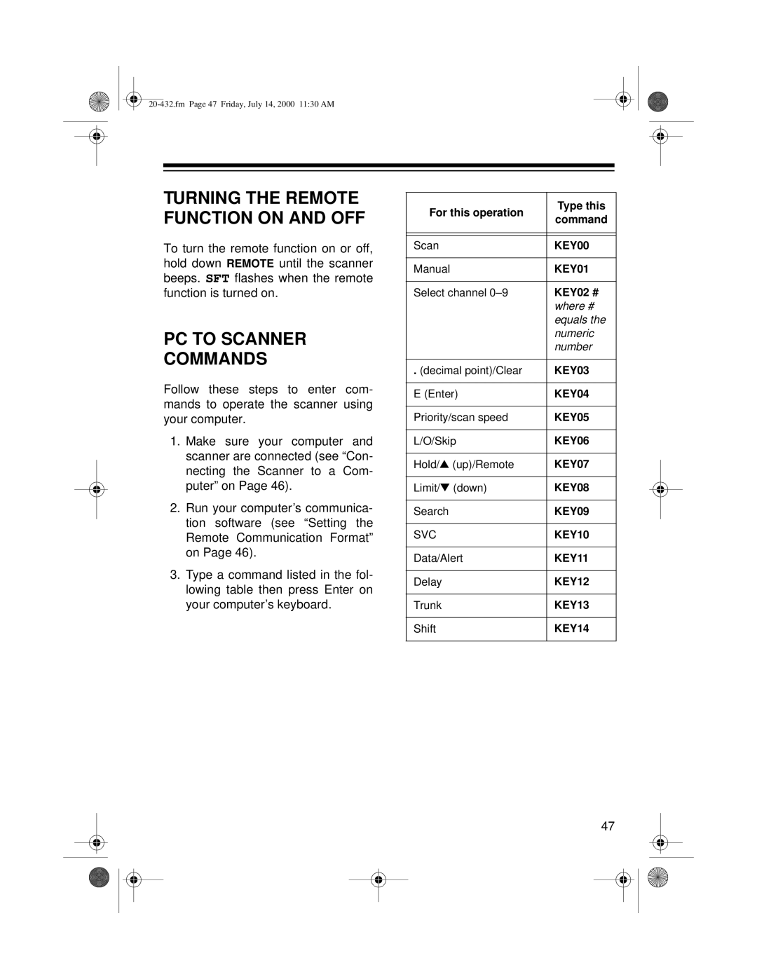 Radio Shack PRO-2052 Turning the Remote Function on and OFF, PC to Scanner Commands, For this operation Type this Command 