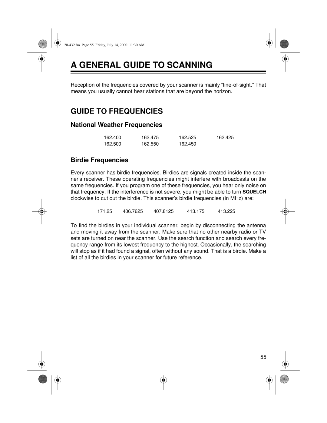 Radio Shack PRO-2052 General Guide to Scanning, Guide to Frequencies, National Weather Frequencies, Birdie Frequencies 