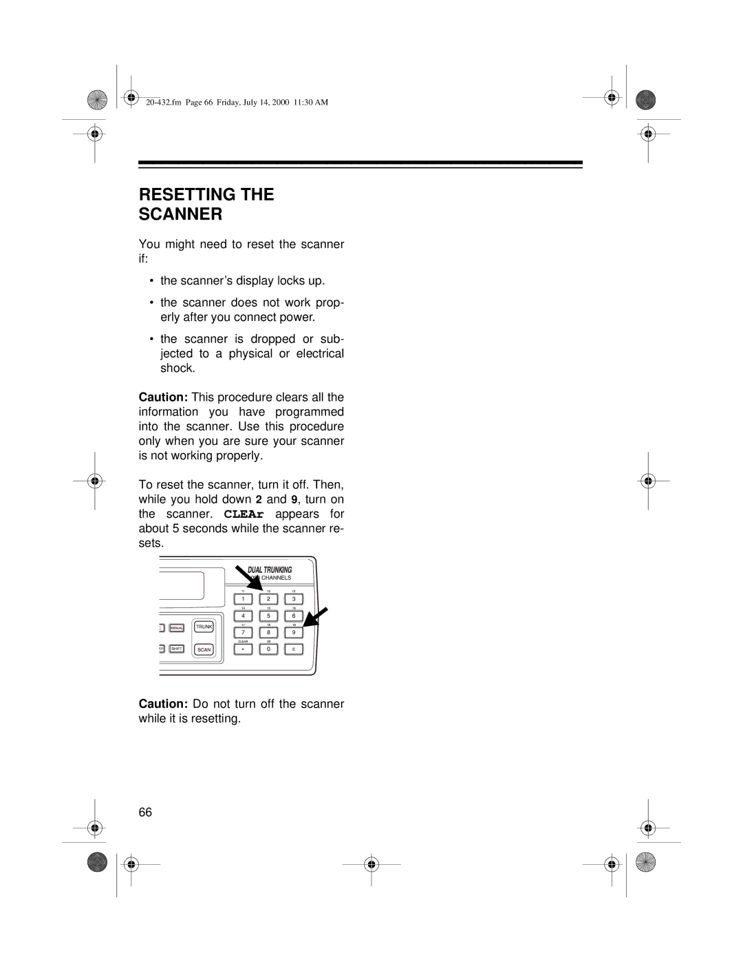 Radio Shack PRO-2052 owner manual Resetting Scanner 