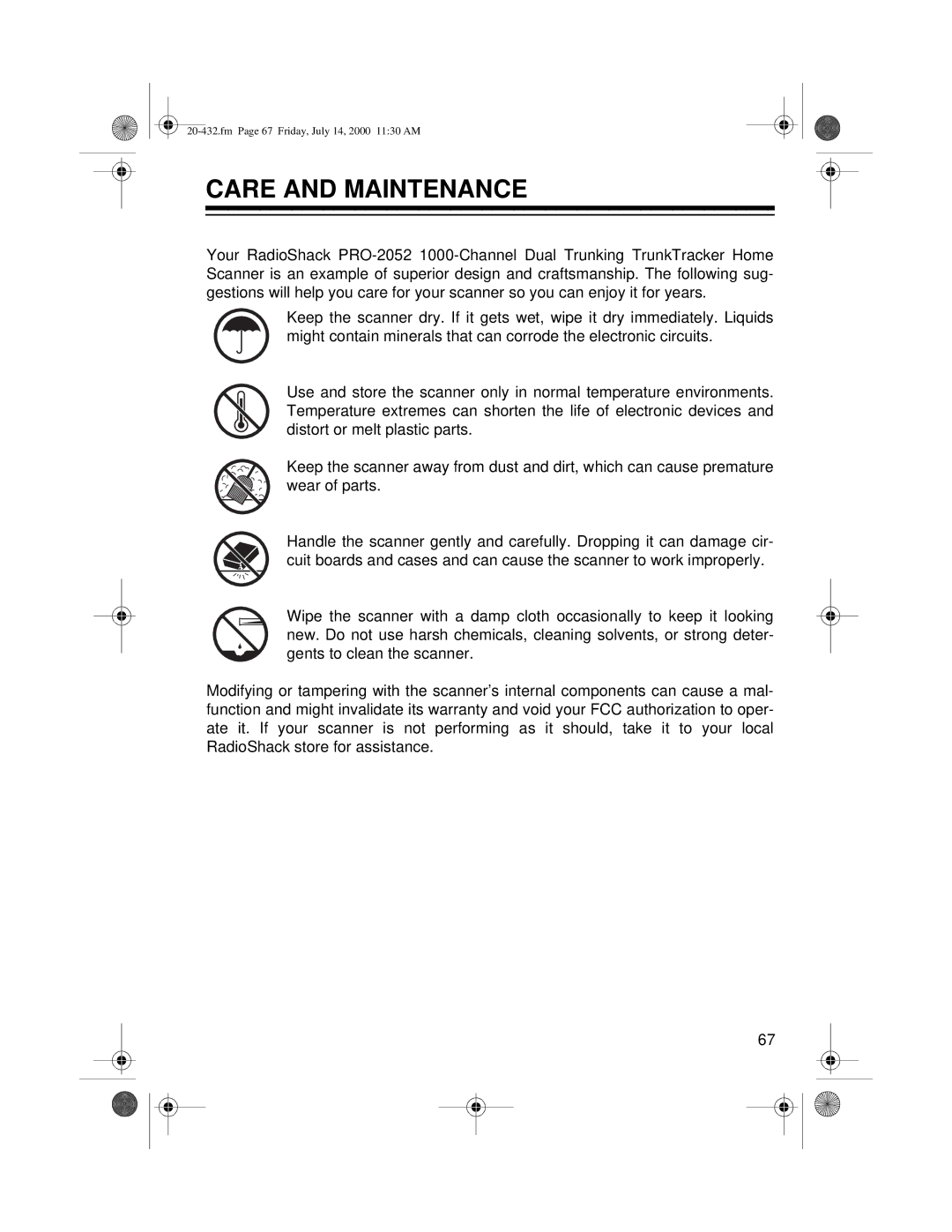 Radio Shack PRO-2052 owner manual Care and Maintenance 