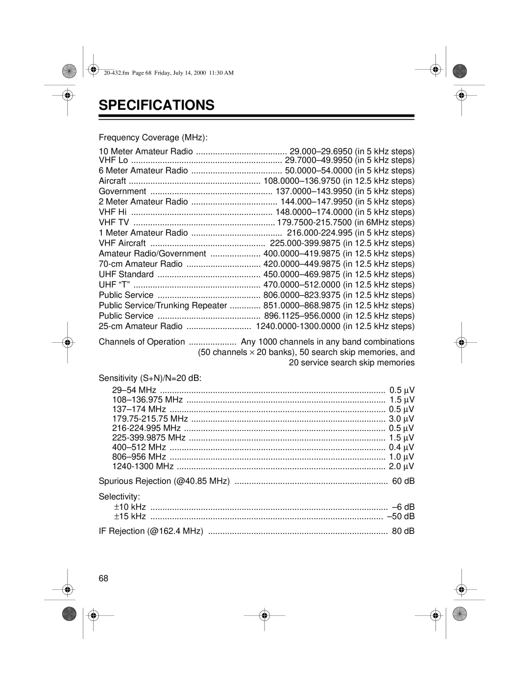 Radio Shack PRO-2052 owner manual Specifications 