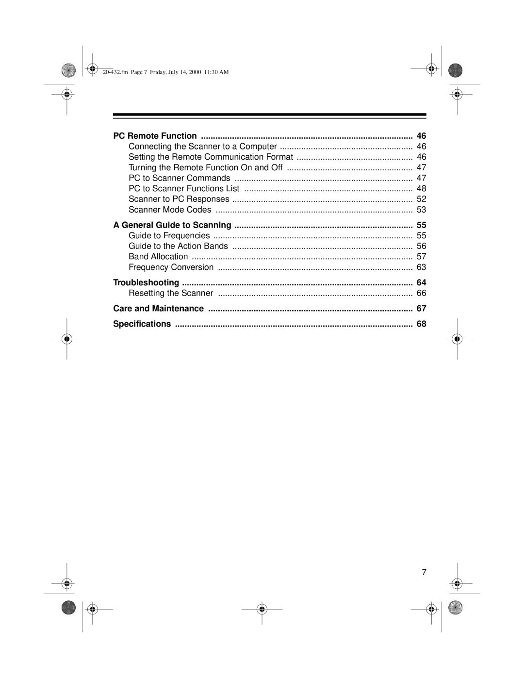 Radio Shack PRO-2052 PC Remote Function, General Guide to Scanning, Troubleshooting, Care and Maintenance Specifications 