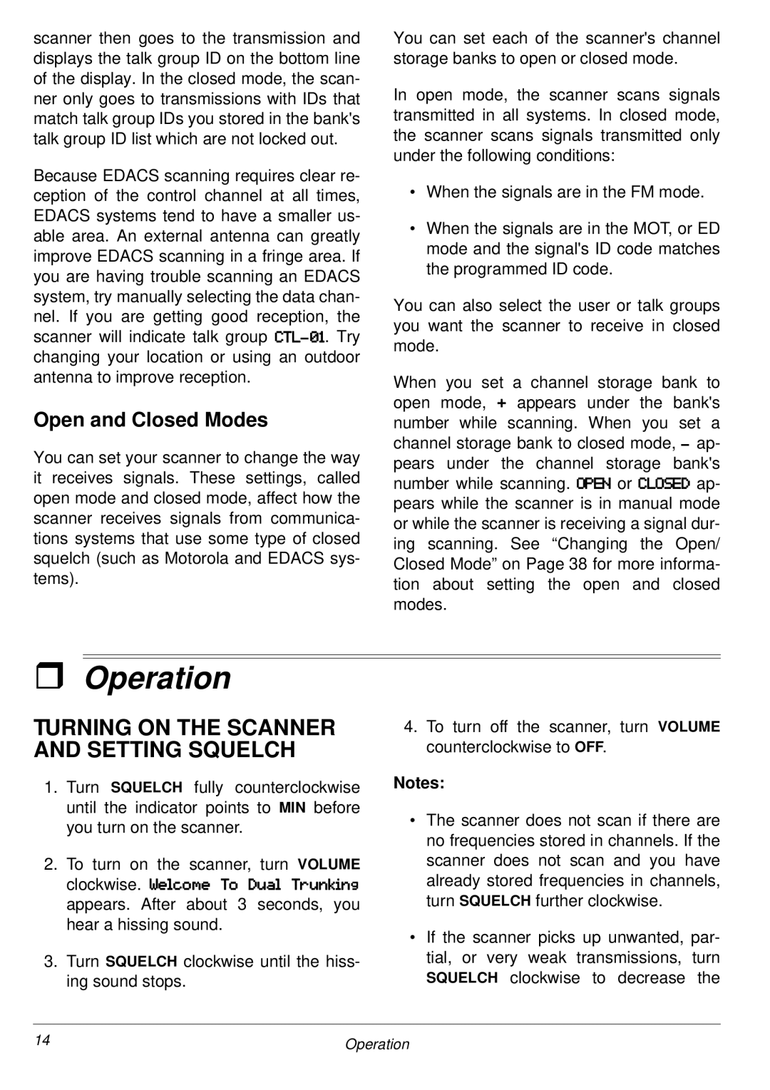 Radio Shack PRO-2053 owner manual Operation, Turning on the Scanner and Setting Squelch, Open and Closed Modes 