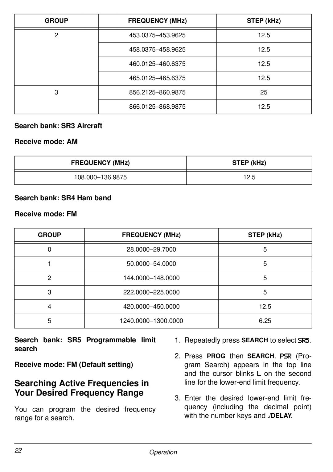 Radio Shack PRO-2053 owner manual Search bank SR3 Aircraft Receive mode AM, Search bank SR4 Ham band Receive mode FM 