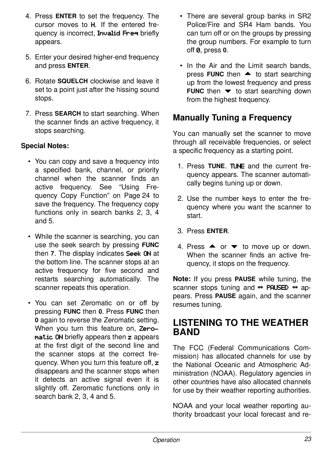 Radio Shack PRO-2053 owner manual Listening to the Weather Band, Manually Tuning a Frequency, Special Notes 