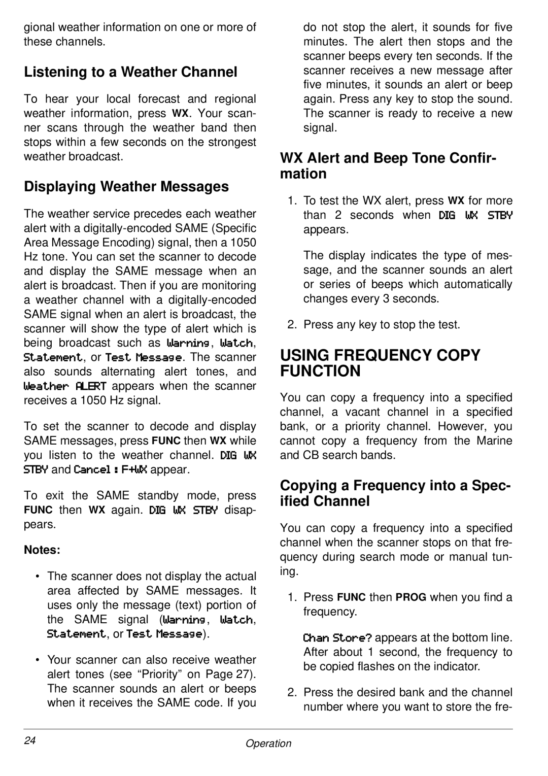 Radio Shack PRO-2053 Using Frequency Copy Function, Listening to a Weather Channel, Displaying Weather Messages 