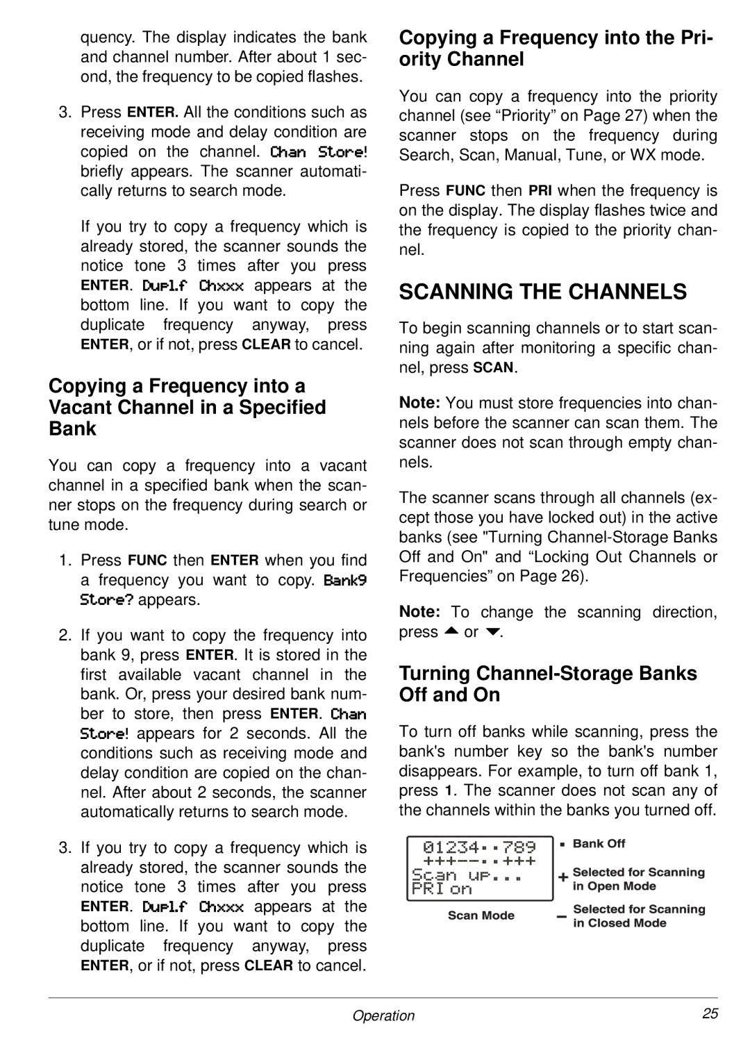 Radio Shack PRO-2053 owner manual Scanning the Channels, Copying a Frequency into the Pri- ority Channel 