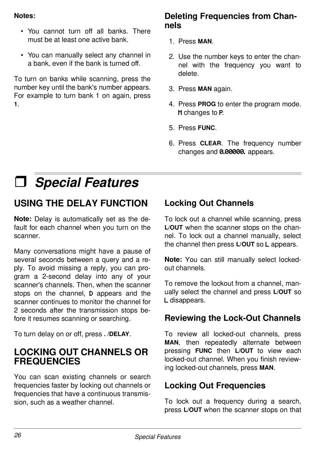 Radio Shack PRO-2053 owner manual Special Features, Using the Delay Function, Locking OUT Channels or Frequencies 