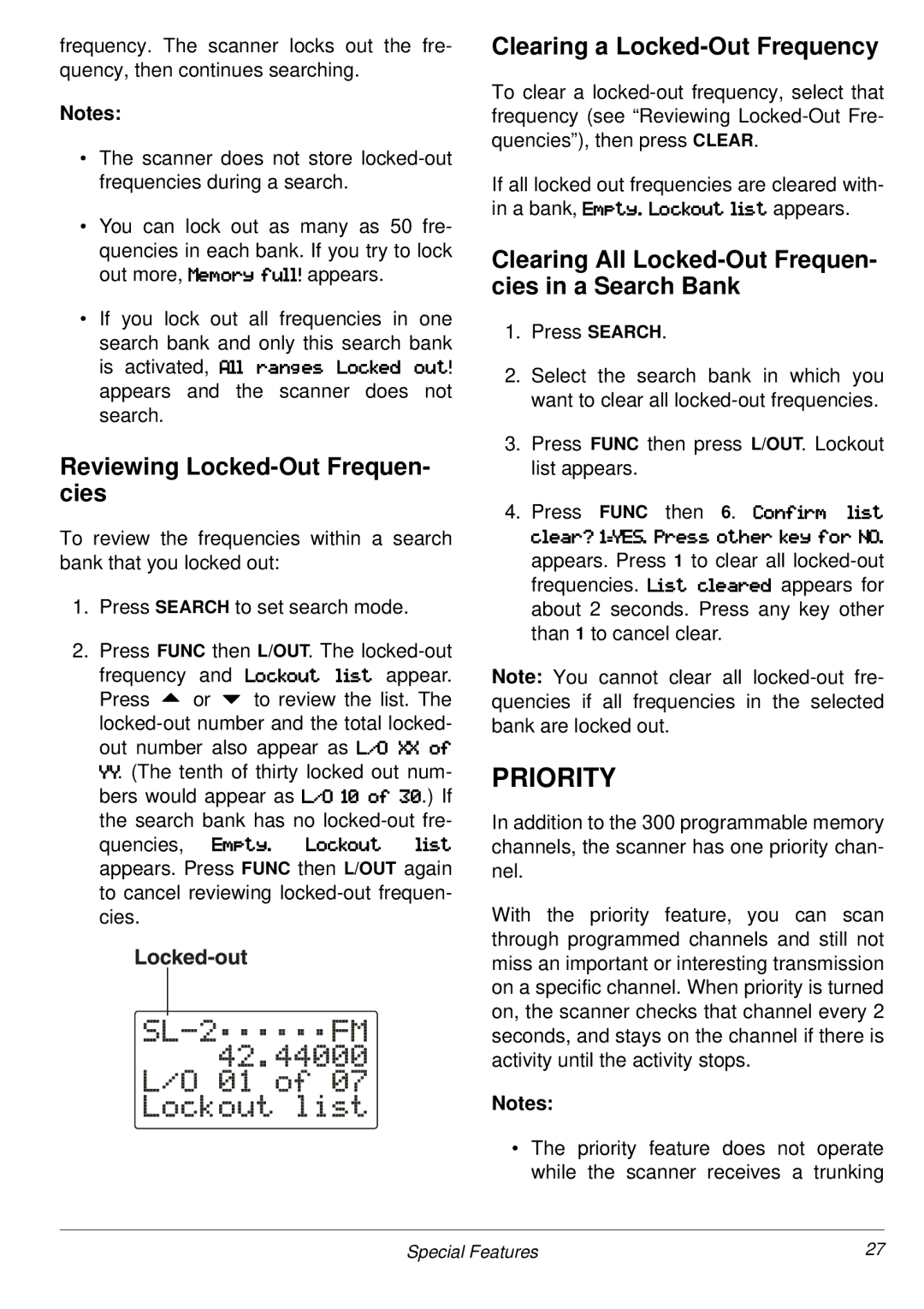 Radio Shack PRO-2053 owner manual Priority, Reviewing Locked-Out Frequen- cies, Clearing a Locked-Out Frequency 