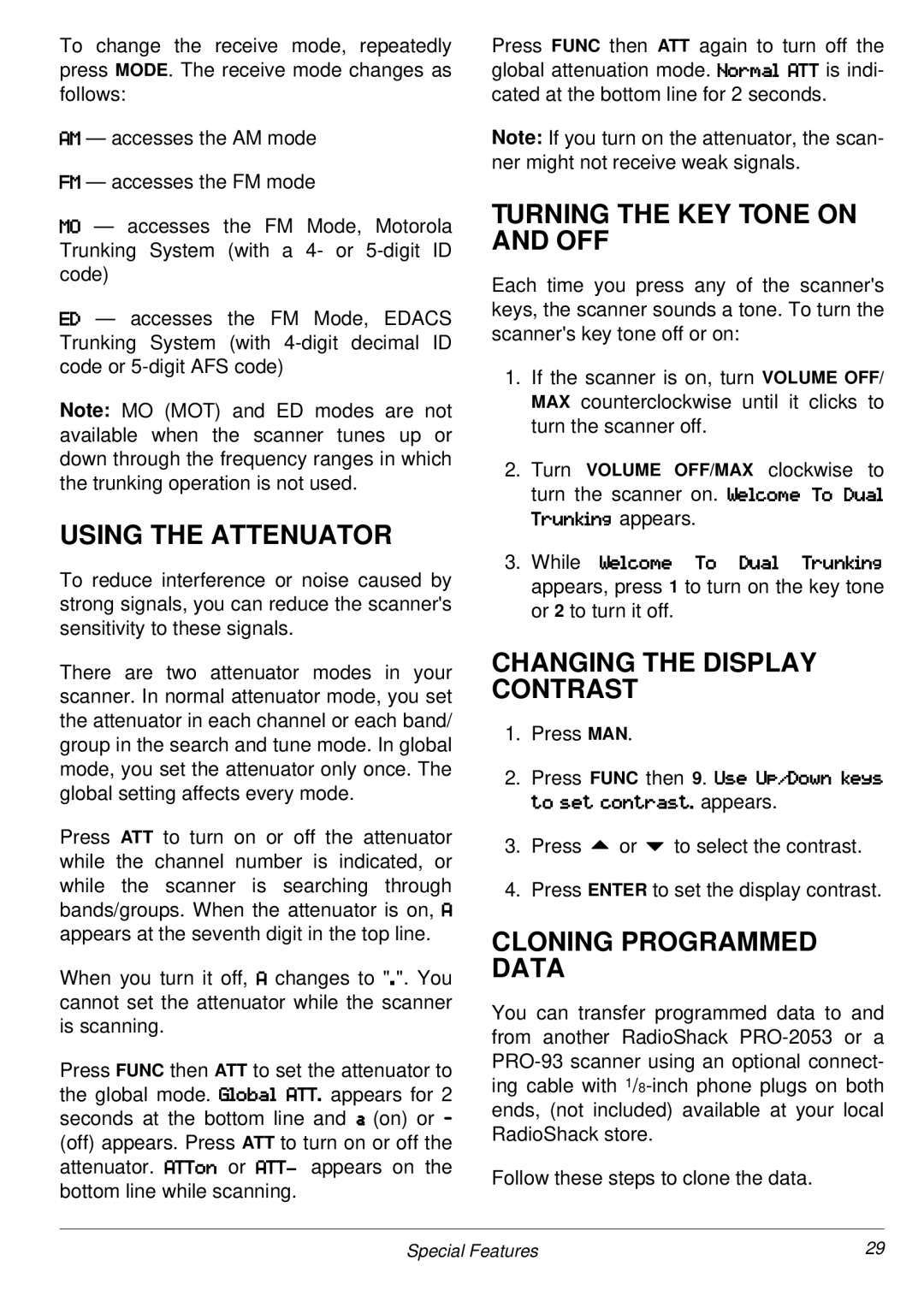 Radio Shack PRO-2053 owner manual Using the Attenuator, Turning the KEY Tone on and OFF, Changing the Display Contrast 