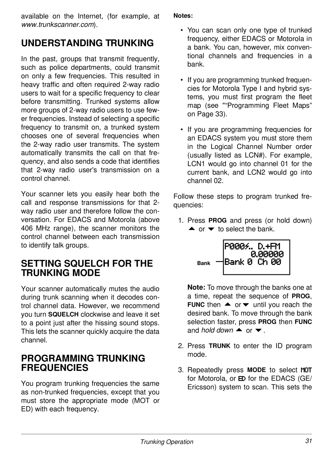 Radio Shack PRO-2053 Understanding Trunking, Setting Squelch for the Trunking Mode, Programming Trunking Frequencies 