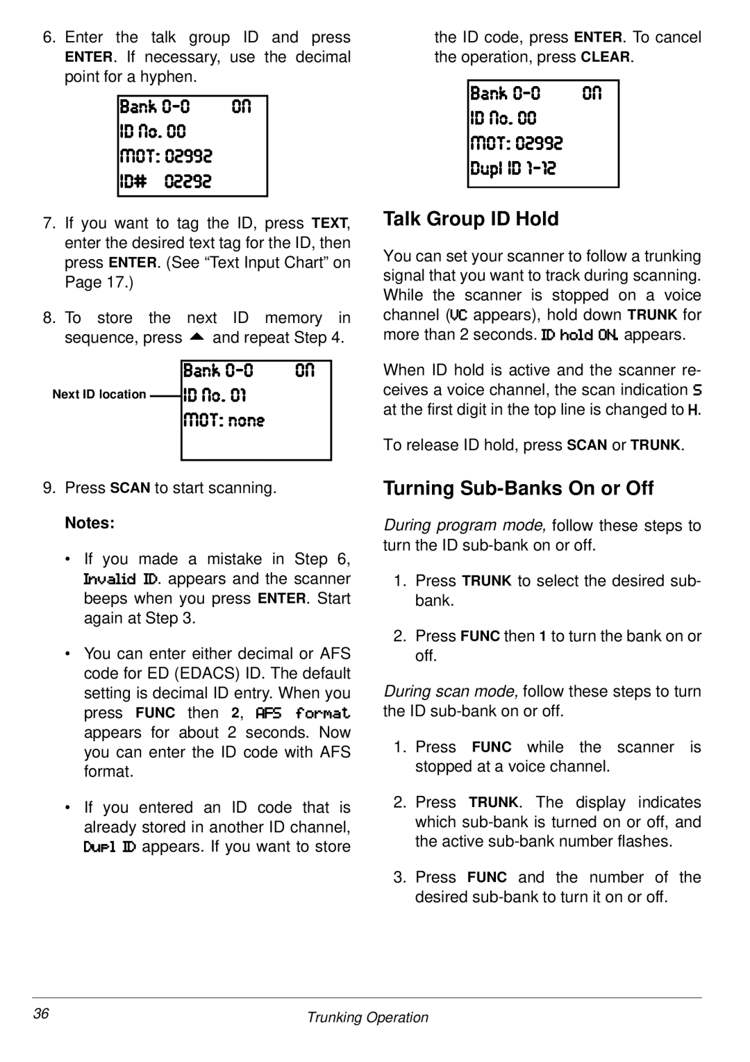 Radio Shack PRO-2053 owner manual Talk Group ID Hold, Turning Sub-Banks On or Off 