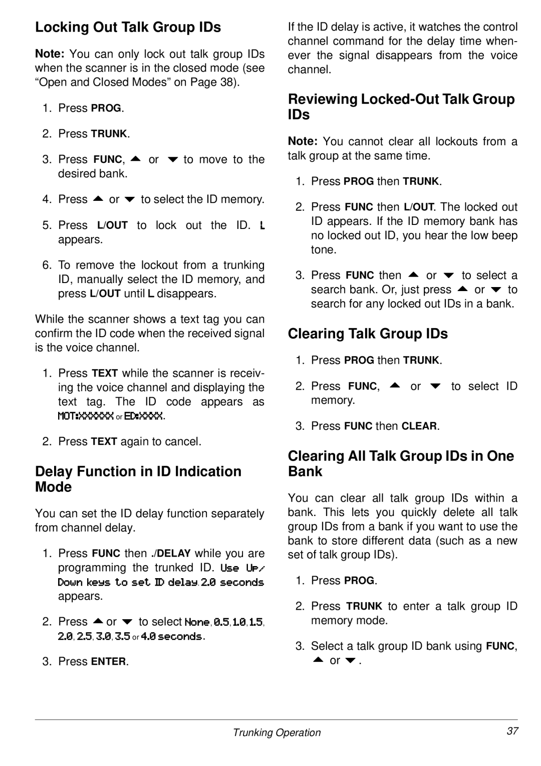 Radio Shack PRO-2053 Locking Out Talk Group IDs, Delay Function in ID Indication Mode, Reviewing Locked-Out Talk Group IDs 