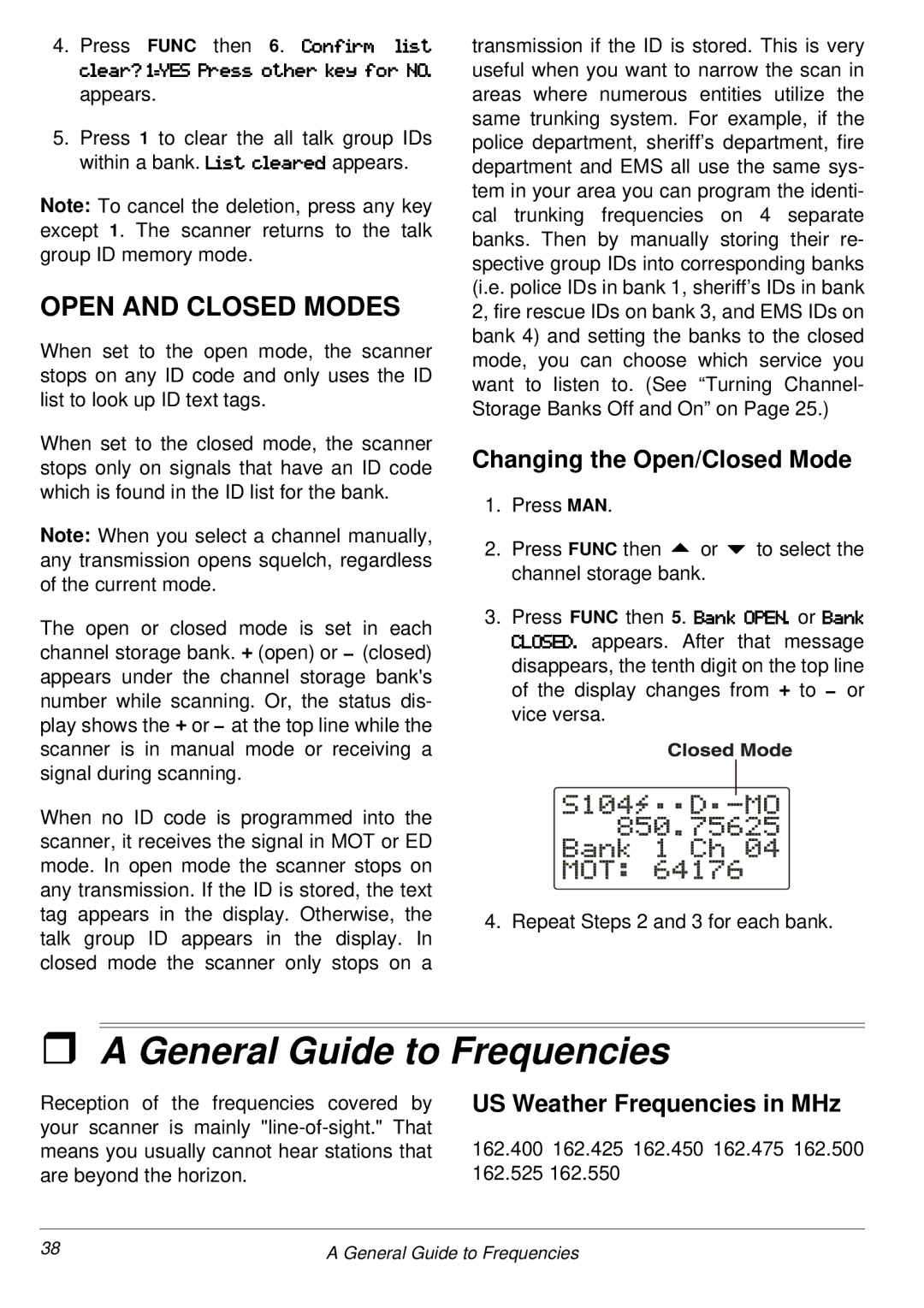 Radio Shack PRO-2053 owner manual General Guide to Frequencies, Open and Closed Modes, Changing the Open/Closed Mode 