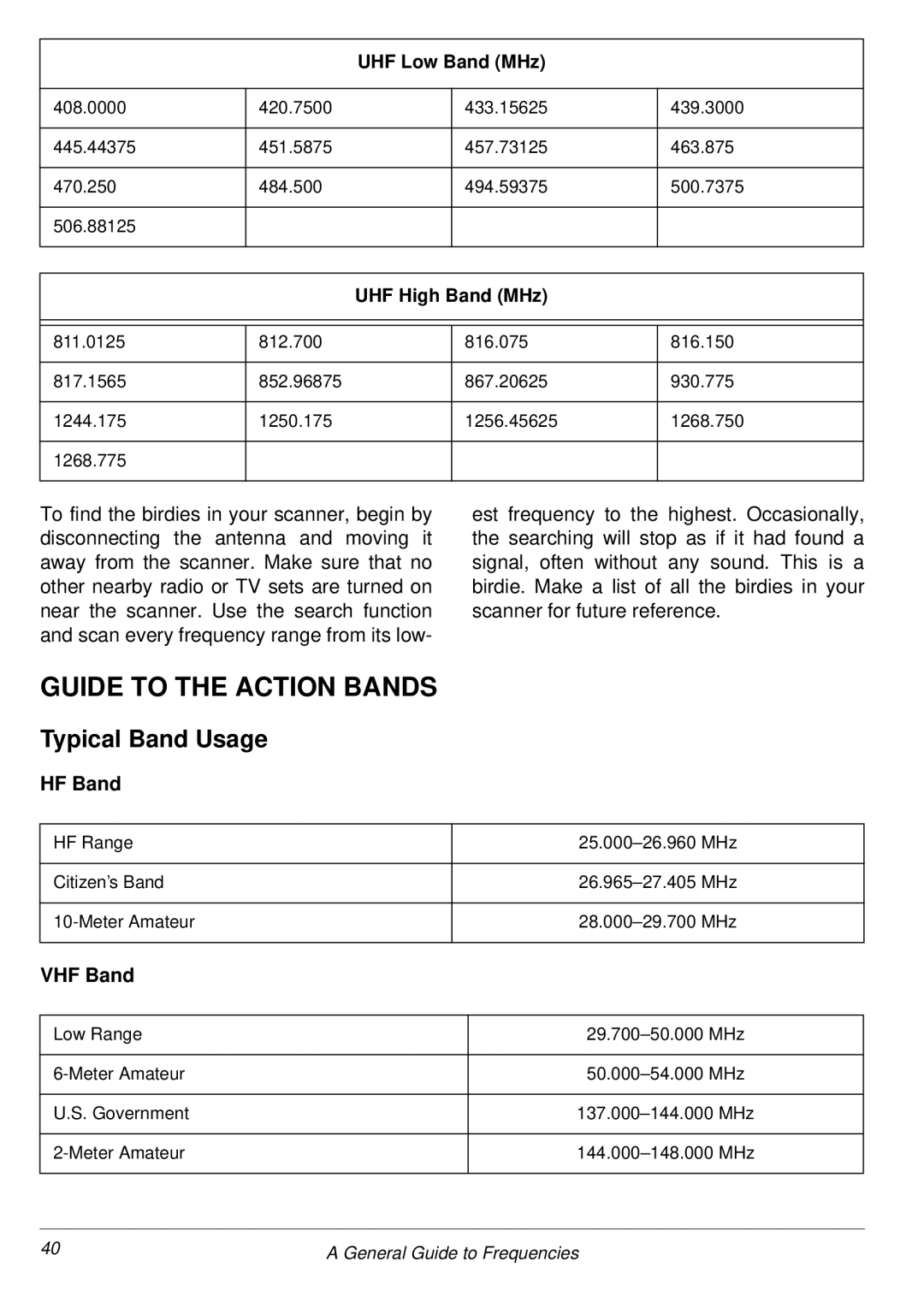 Radio Shack PRO-2053 owner manual Guide to the Action Bands, Typical Band Usage, VHF Band 