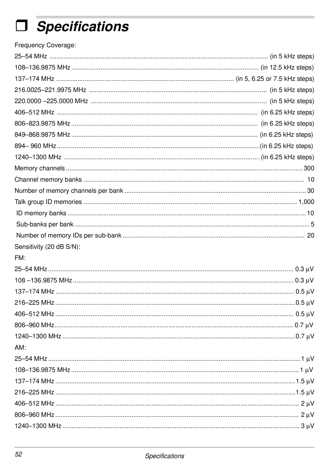 Radio Shack PRO-2053 owner manual Specifications, Sensitivity 20 dB S/N 