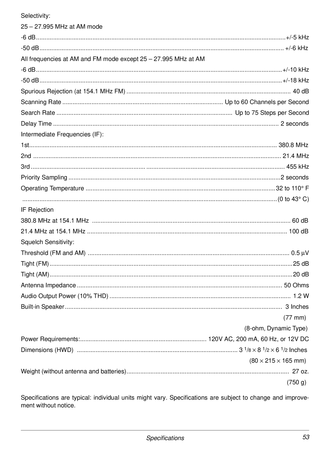 Radio Shack PRO-2053 owner manual Specifications 