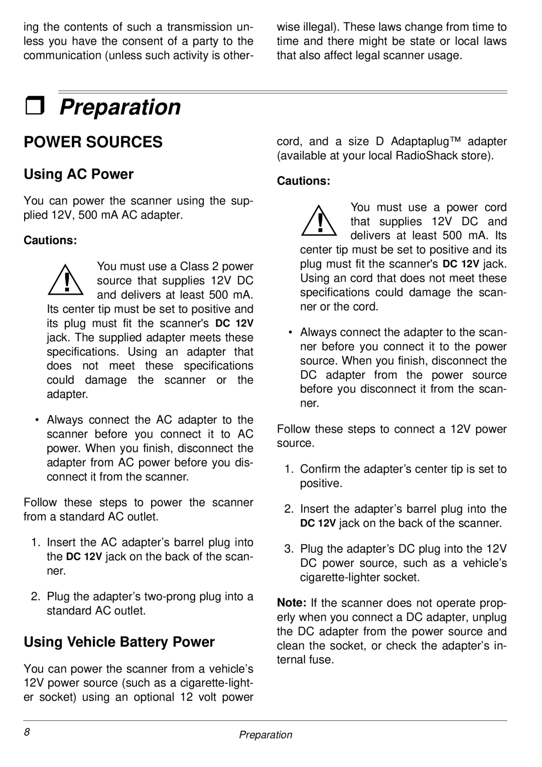 Radio Shack PRO-2053 owner manual Preparation, Power Sources, Using AC Power, Using Vehicle Battery Power 