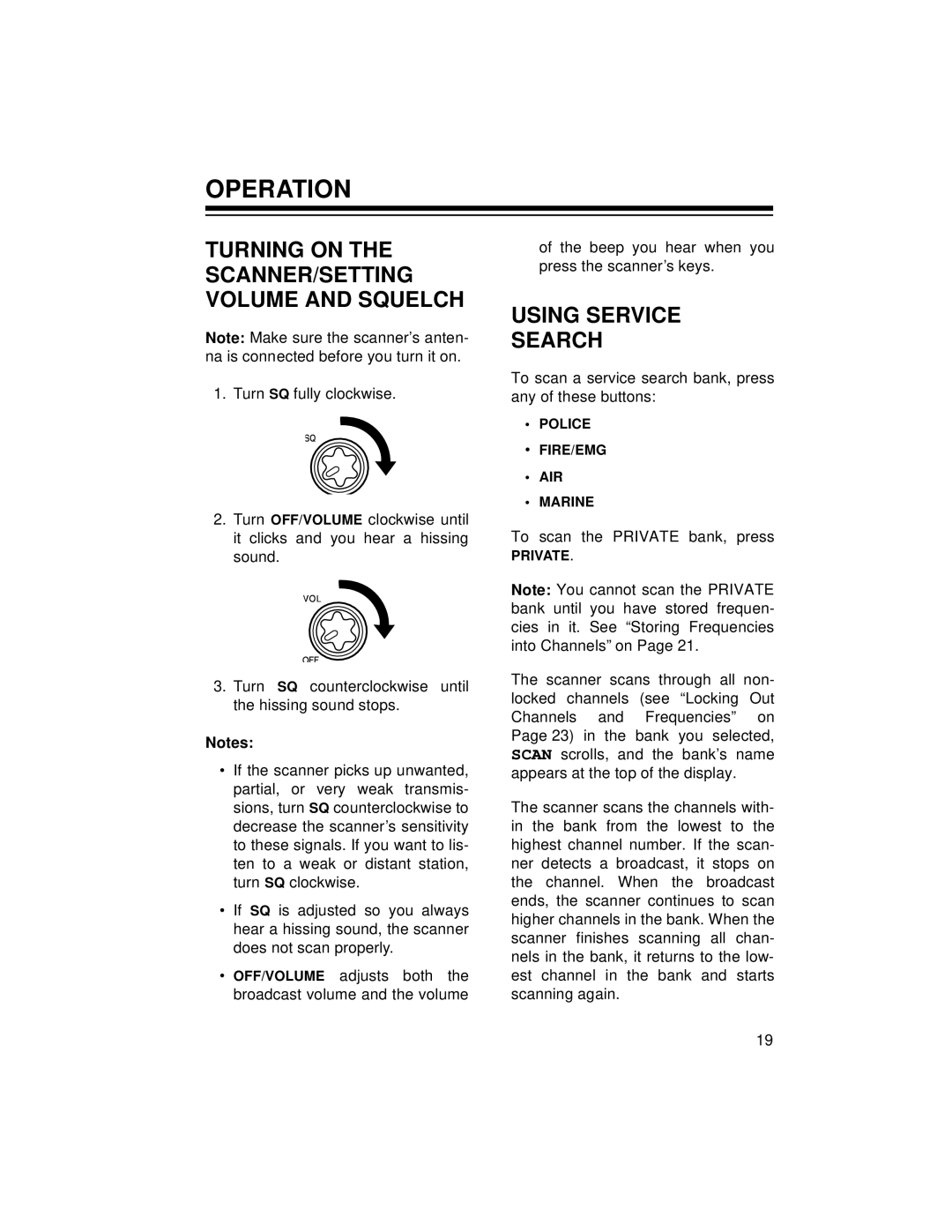 Radio Shack PRO-2056 owner manual Operation, Turning on the SCANNER/SETTING Volume and Squelch, Using Service Search 