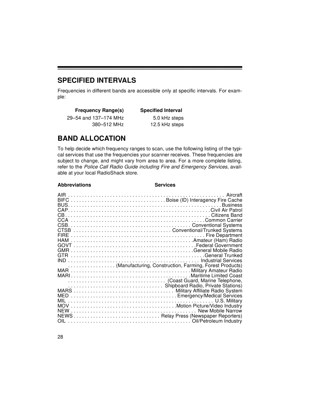 Radio Shack PRO-2056 owner manual Specified Intervals, Band Allocation, Frequency Ranges, Abbreviations Services 