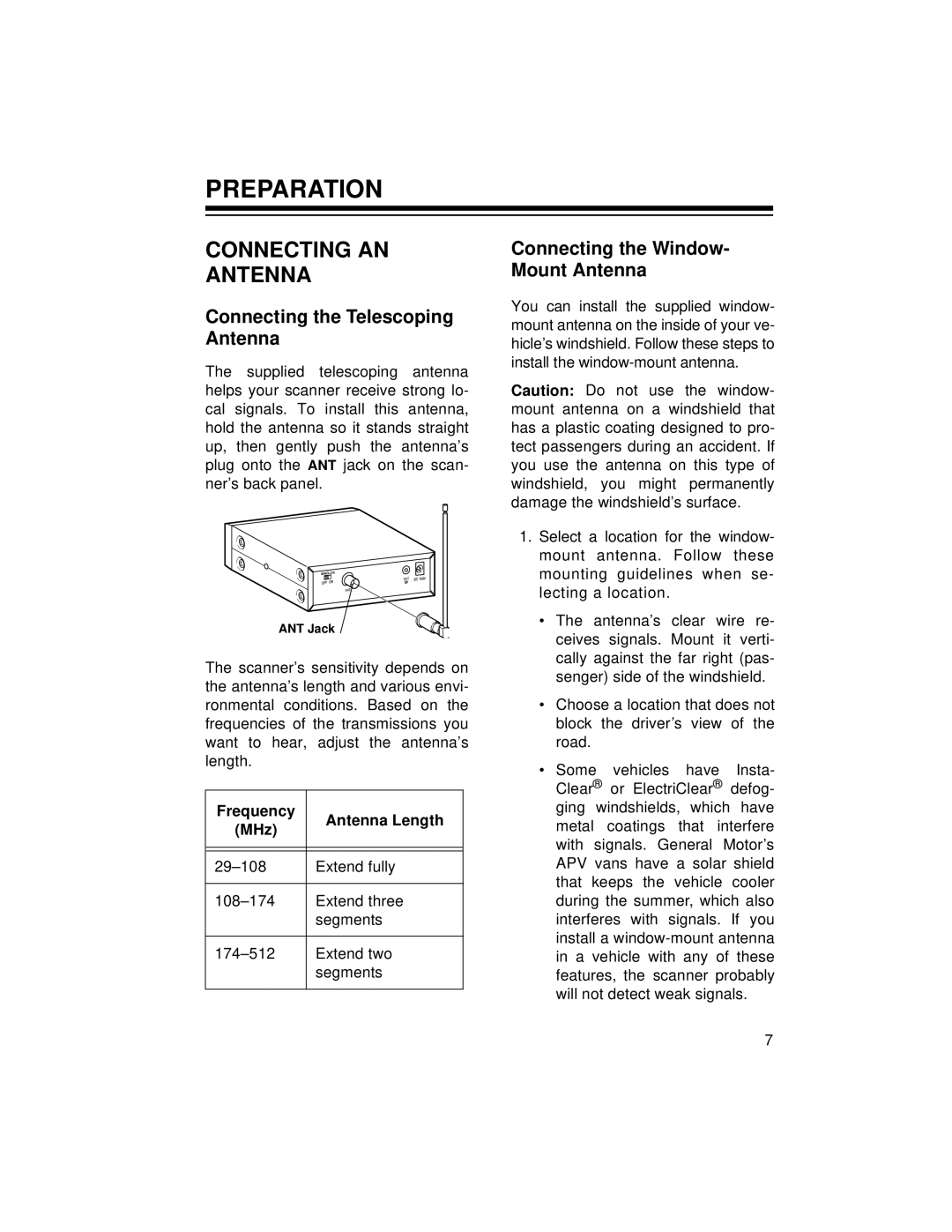 Radio Shack PRO-2056 Preparation, Connecting AN Antenna, Connecting the Telescoping Antenna, Frequency Antenna Length MHz 