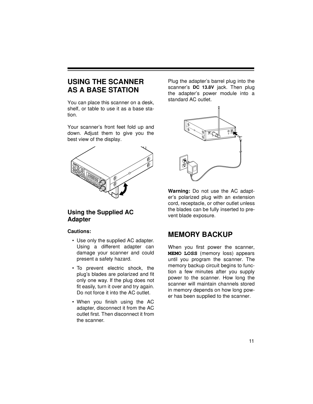 Radio Shack PRO-2056 owner manual Using The Scanner As A Base Station, Memory Backup, Using the Supplied AC Adapter 