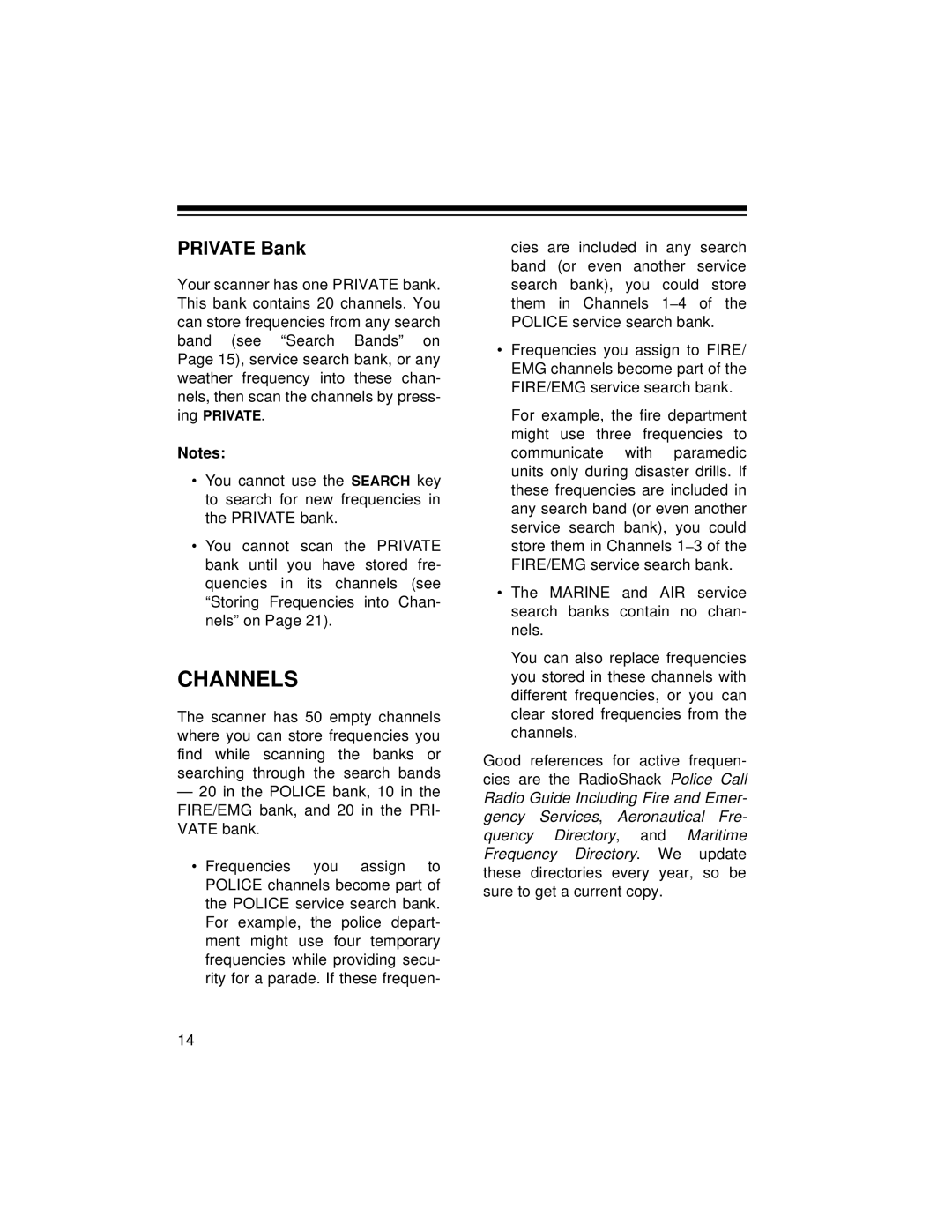 Radio Shack PRO-2056 owner manual Channels, PRIVATE Bank 