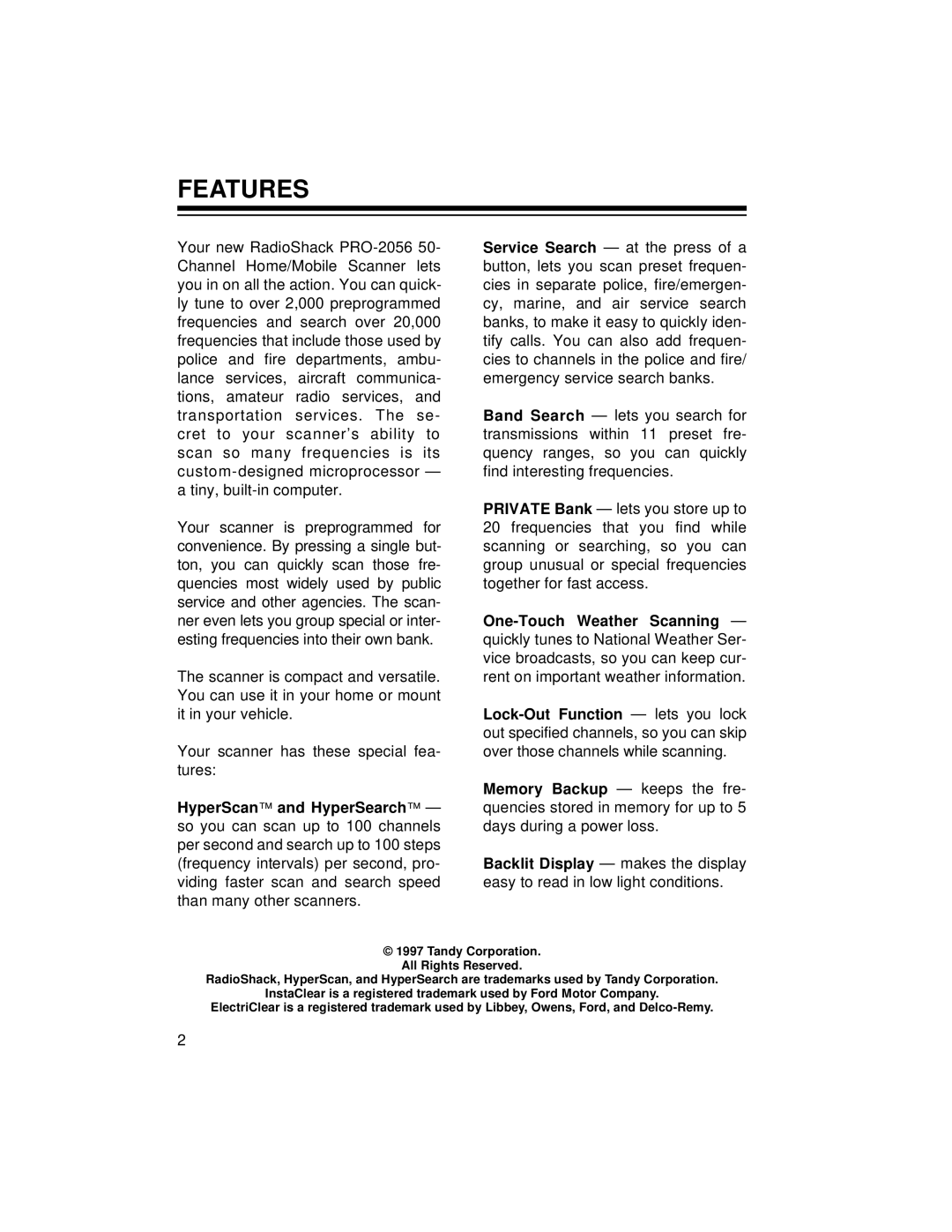 Radio Shack PRO-2056 owner manual Features 