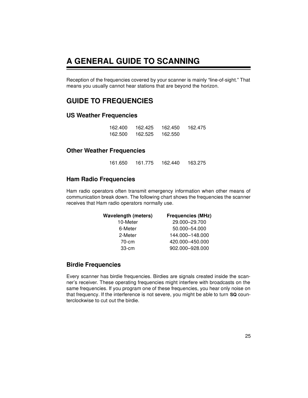 Radio Shack PRO-2056 A General Guide To Scanning, Guide To Frequencies, US Weather Frequencies, Other Weather Frequencies 