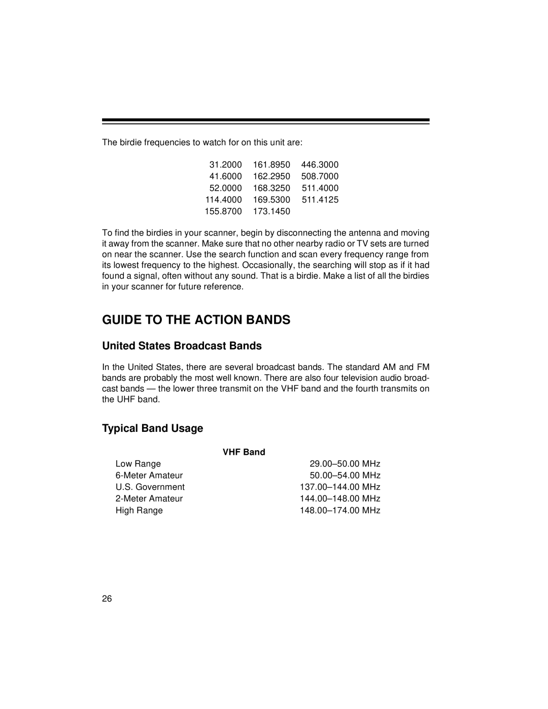 Radio Shack PRO-2056 owner manual Guide To The Action Bands, United States Broadcast Bands, Typical Band Usage 