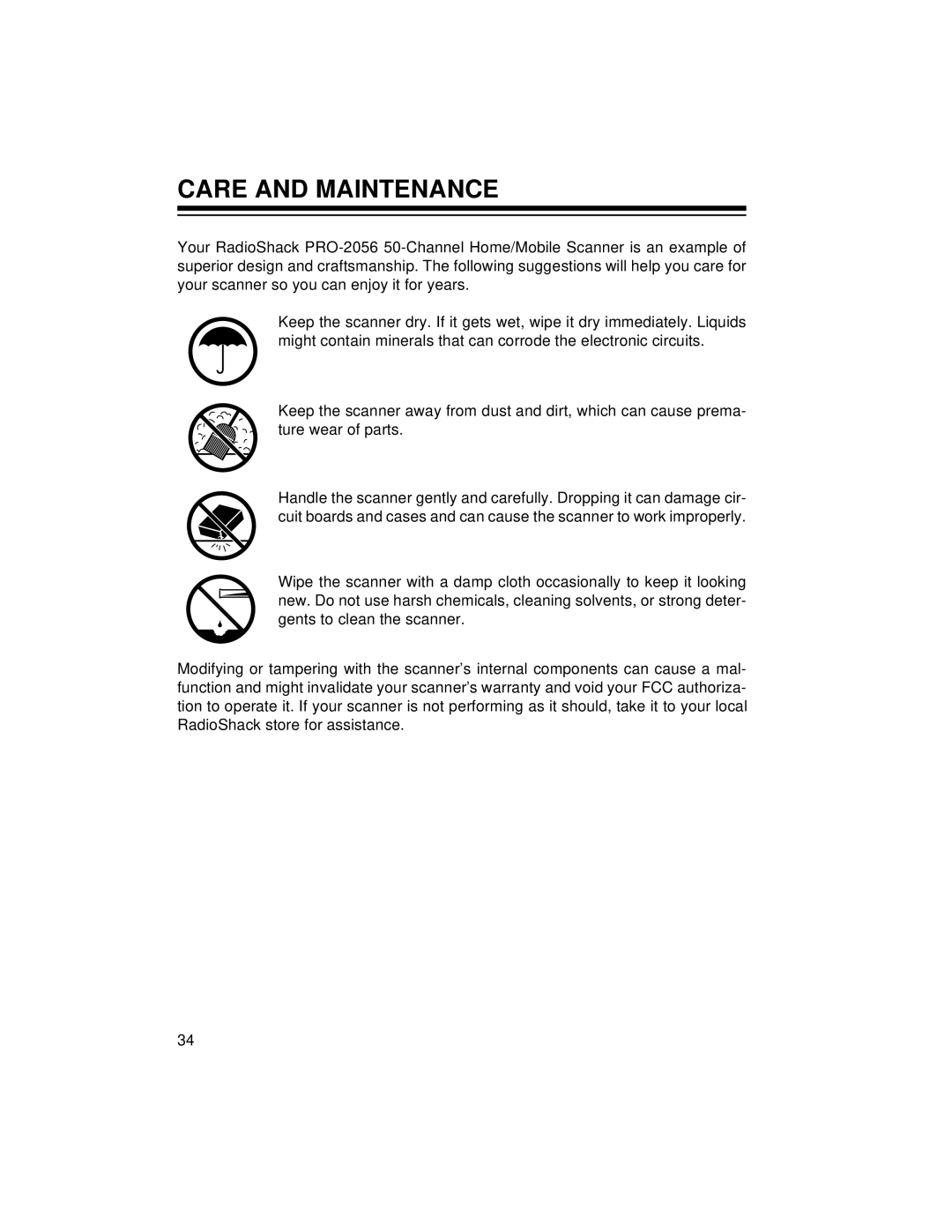 Radio Shack PRO-2056 owner manual Care And Maintenance 