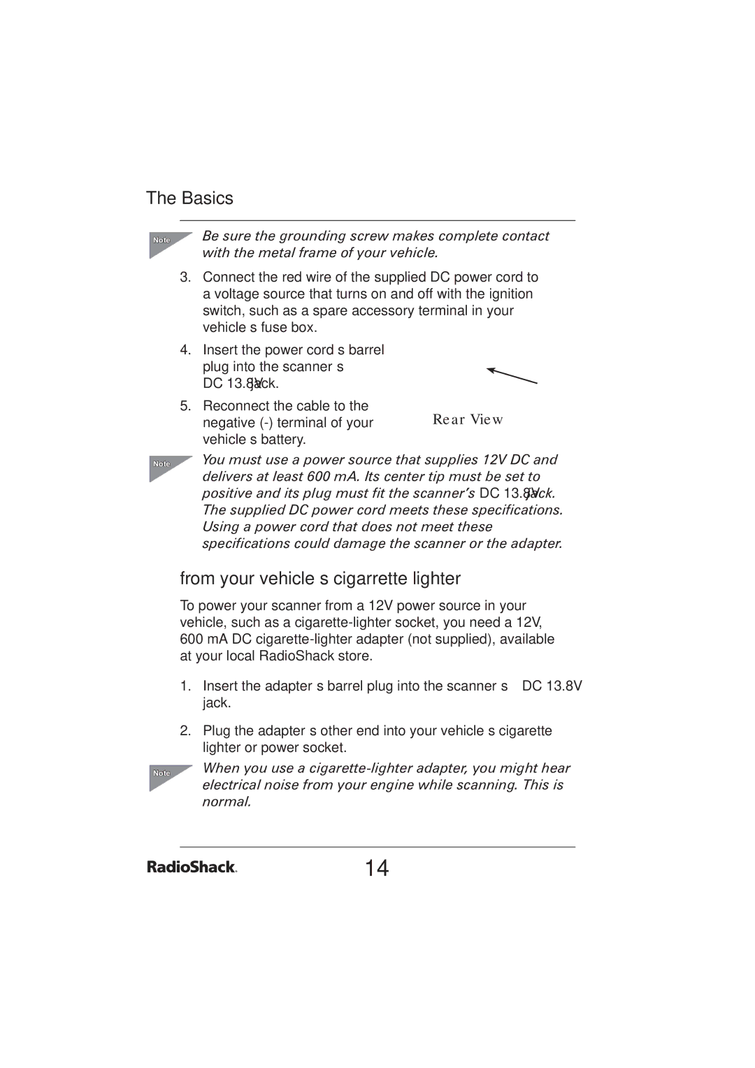 Radio Shack PRO-2096 manual From your vehicle’s cigarrette lighter, With the metal frame of your vehicle 