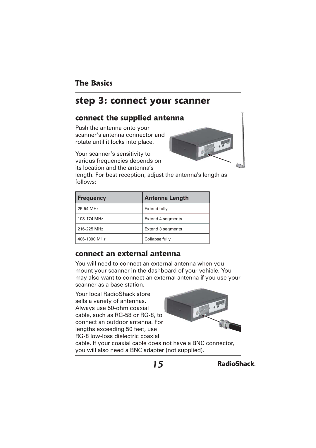 Radio Shack PRO-2096 manual Connect your scanner, Connect the supplied antenna, Connect an external antenna 