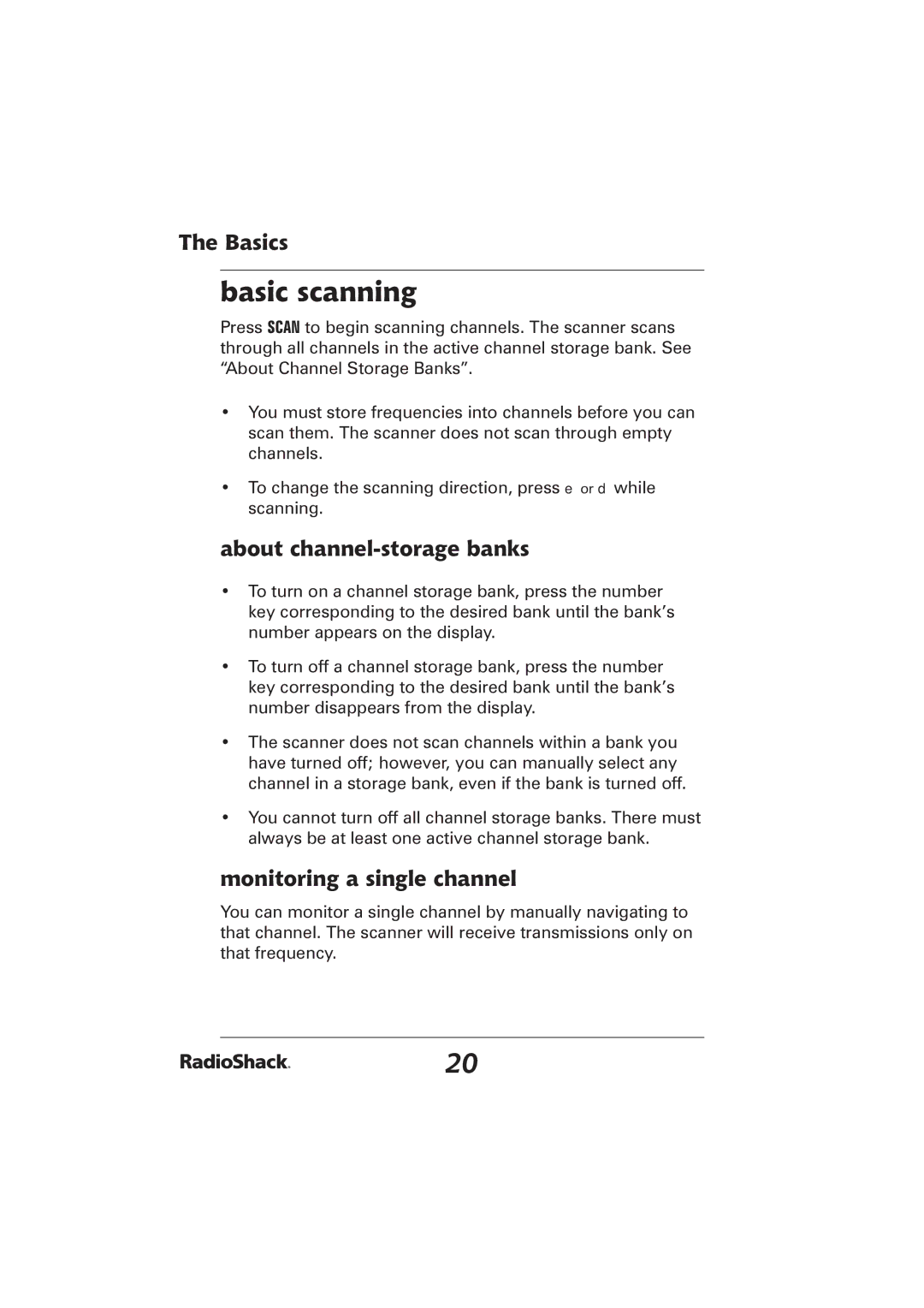 Radio Shack PRO-2096 manual Basic scanning, About channel-storage banks, Monitoring a single channel 