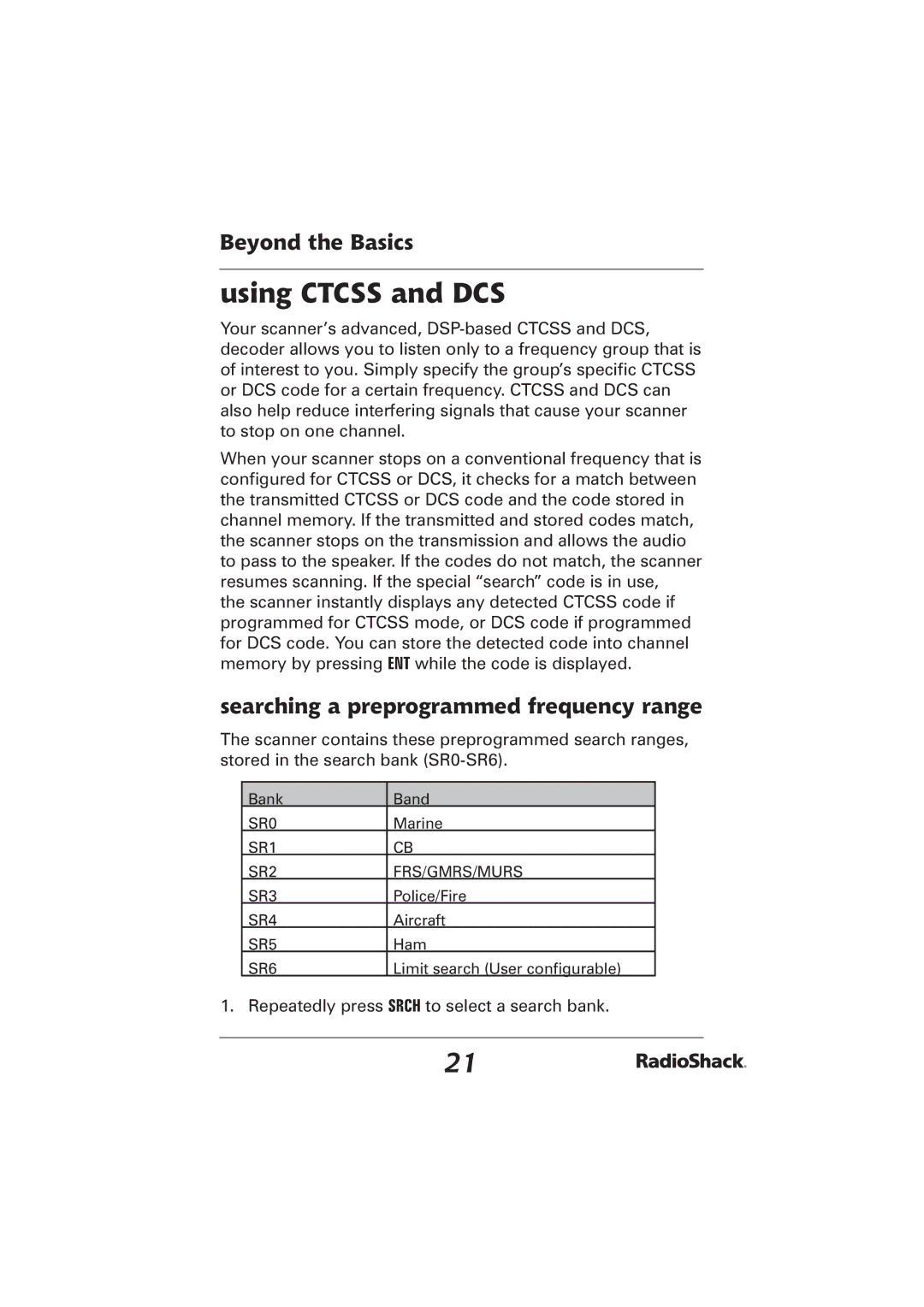 Radio Shack PRO-2096 manual Using Ctcss and DCS, Beyond the Basics, Searching a preprogrammed frequency range 