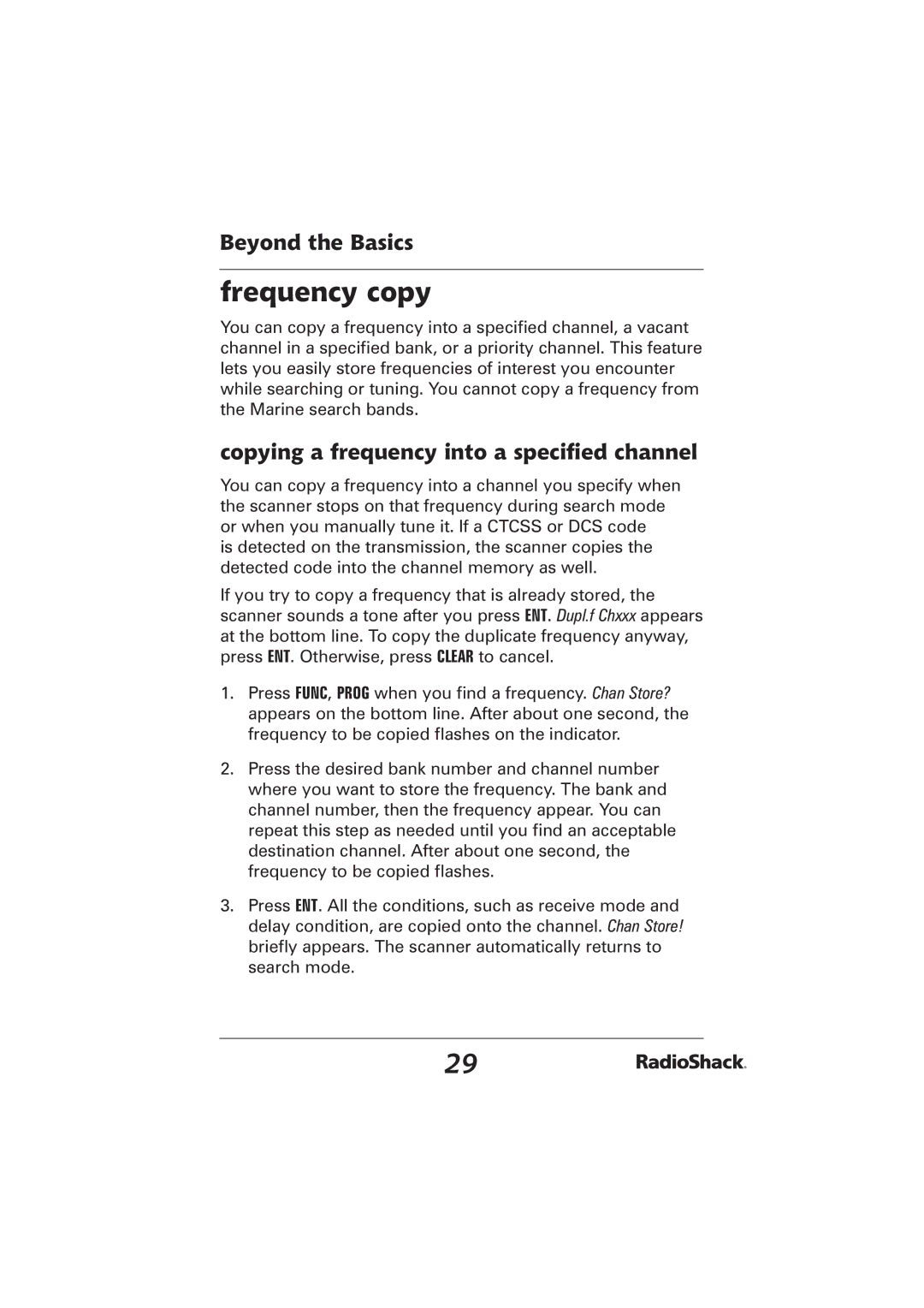 Radio Shack PRO-2096 manual Frequency copy, Copying a frequency into a speciﬁed channel 