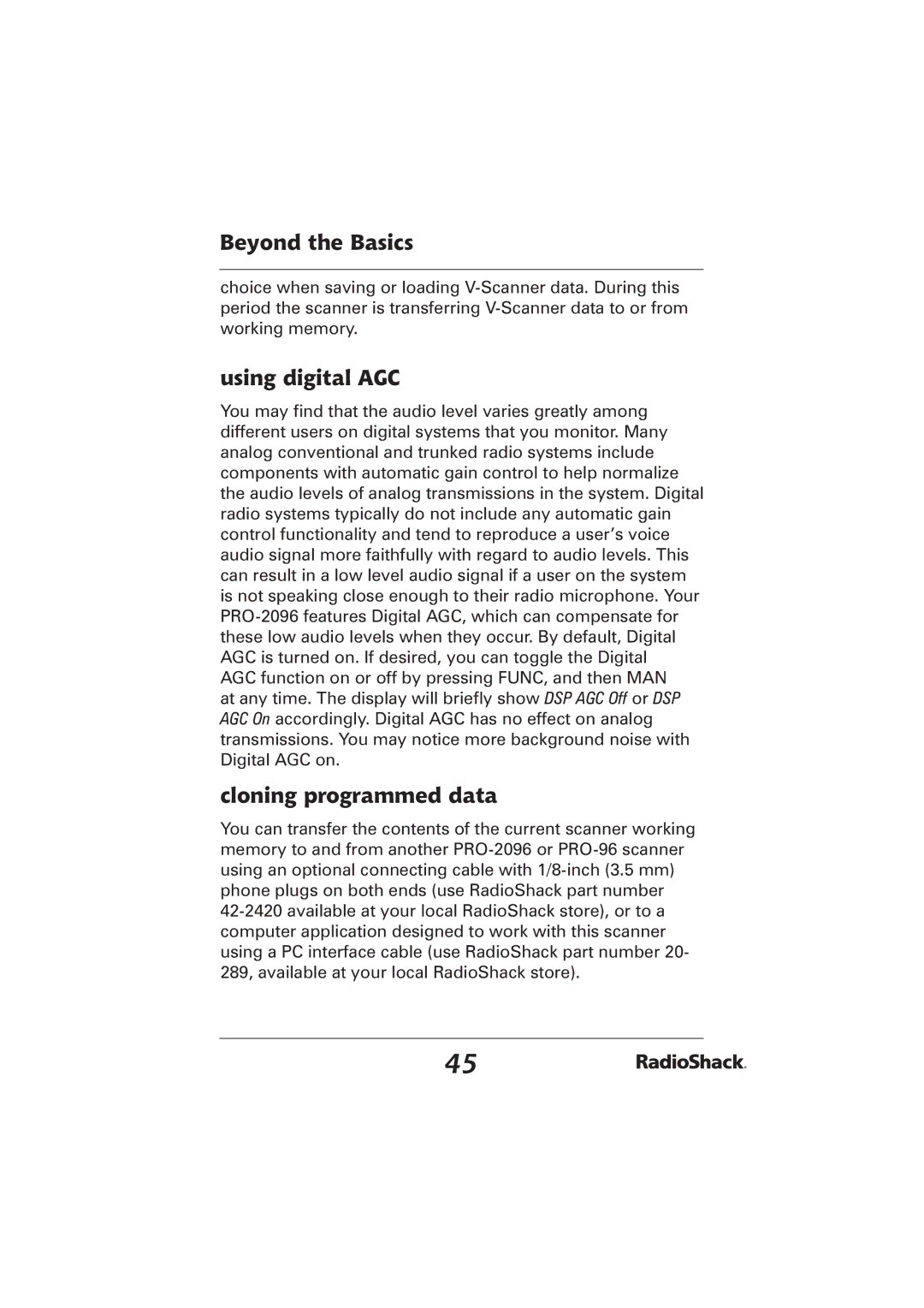 Radio Shack PRO-2096 manual Using digital AGC, Cloning programmed data 