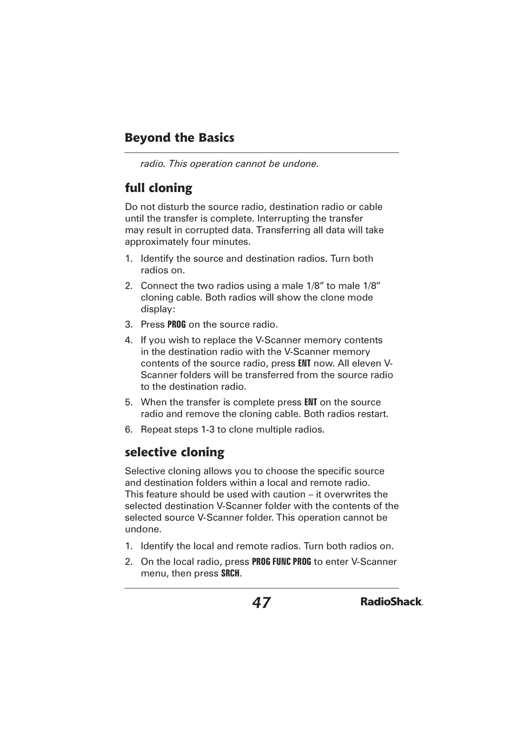 Radio Shack PRO-2096 manual Full cloning, Selective cloning 