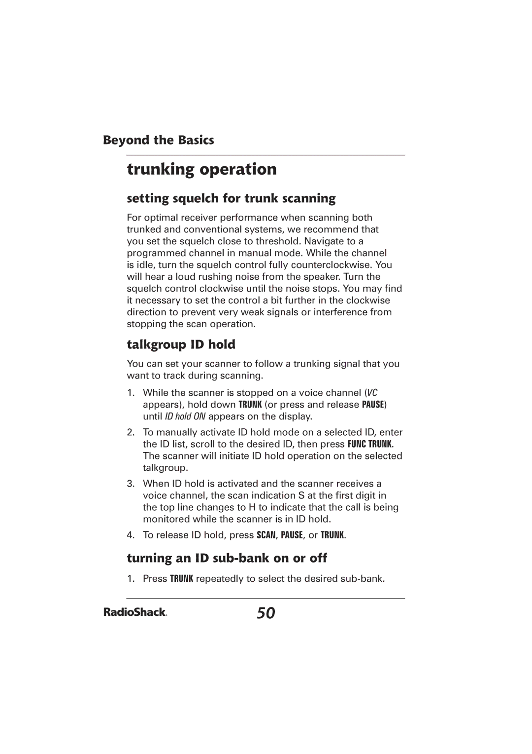 Radio Shack PRO-2096 manual Trunking operation, Setting squelch for trunk scanning, Talkgroup ID hold 