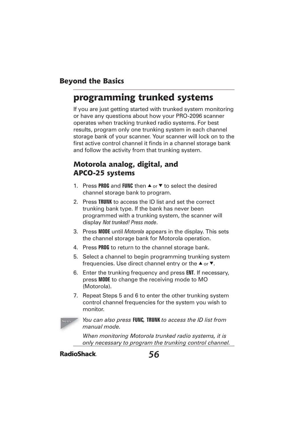 Radio Shack PRO-2096 manual Programming trunked systems, Motorola analog, digital, APCO-25 systems 