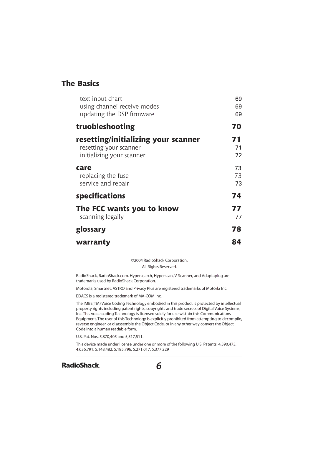 Radio Shack PRO-2096 manual Truobleshooting Resetting/initializing your scanner, Care, Speciﬁcations FCC wants you to know 